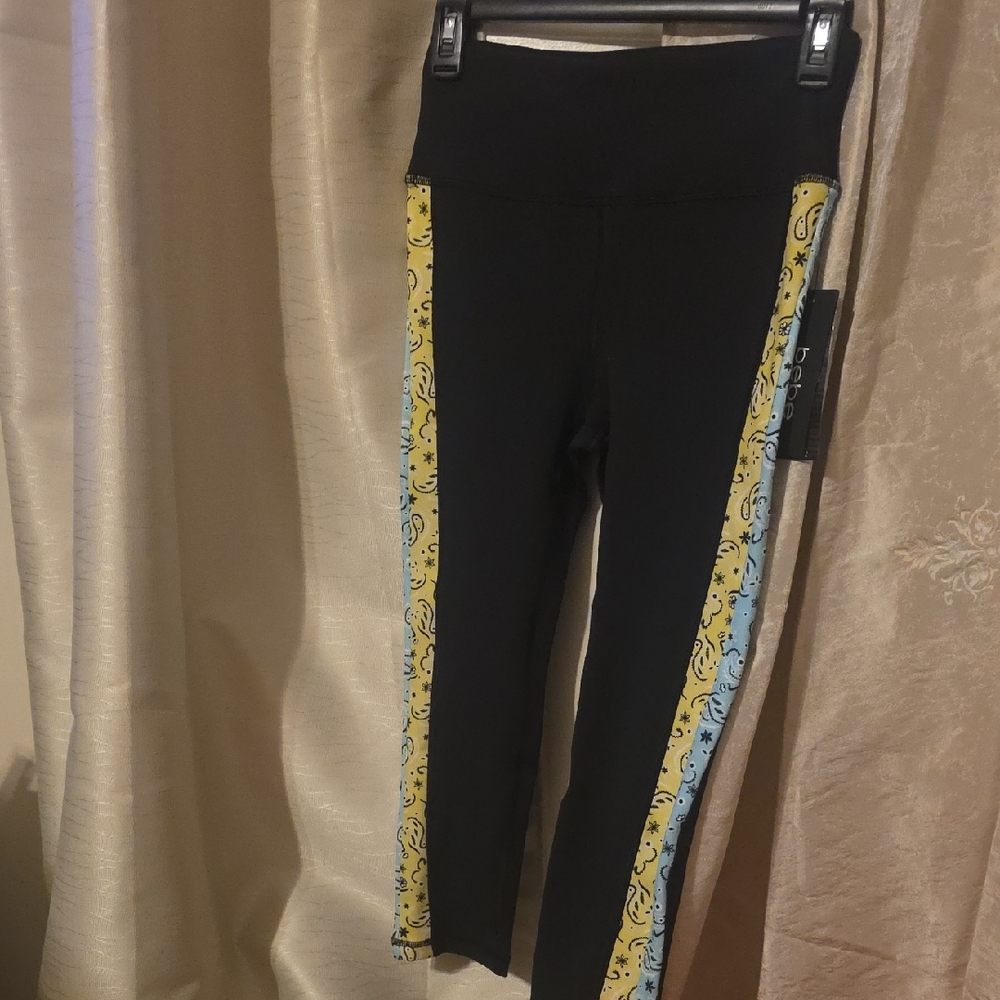 bebe Sport Black Leggings with Yellow and Blue Paisley Stripes
